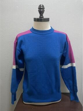 Vintage CB SPORTS Blue Pink Women’s Sweater 100% Wool Sz M